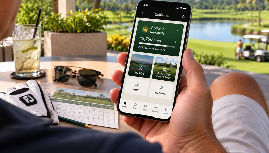 The My Golfasian app showing Golfasian Rewards points